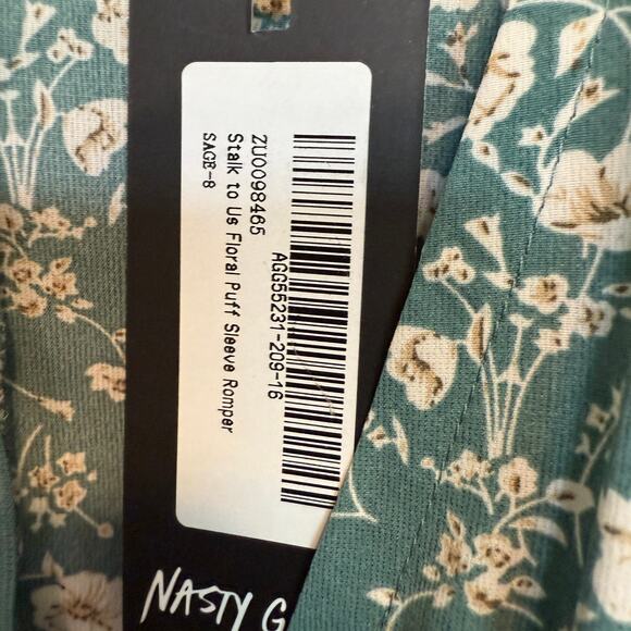 Women's Nasty Gal Sage Green Floral Puff Sleeve Romper Size 4 NEW - Picture 3 of 10